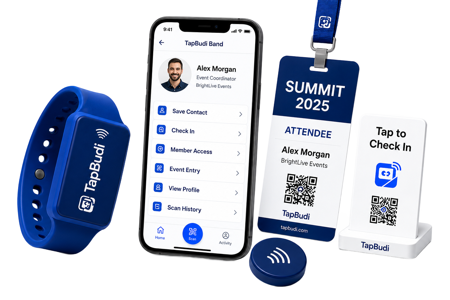 TapBudi Band, phone app, event pass, QR check-in stand, and NFC puck