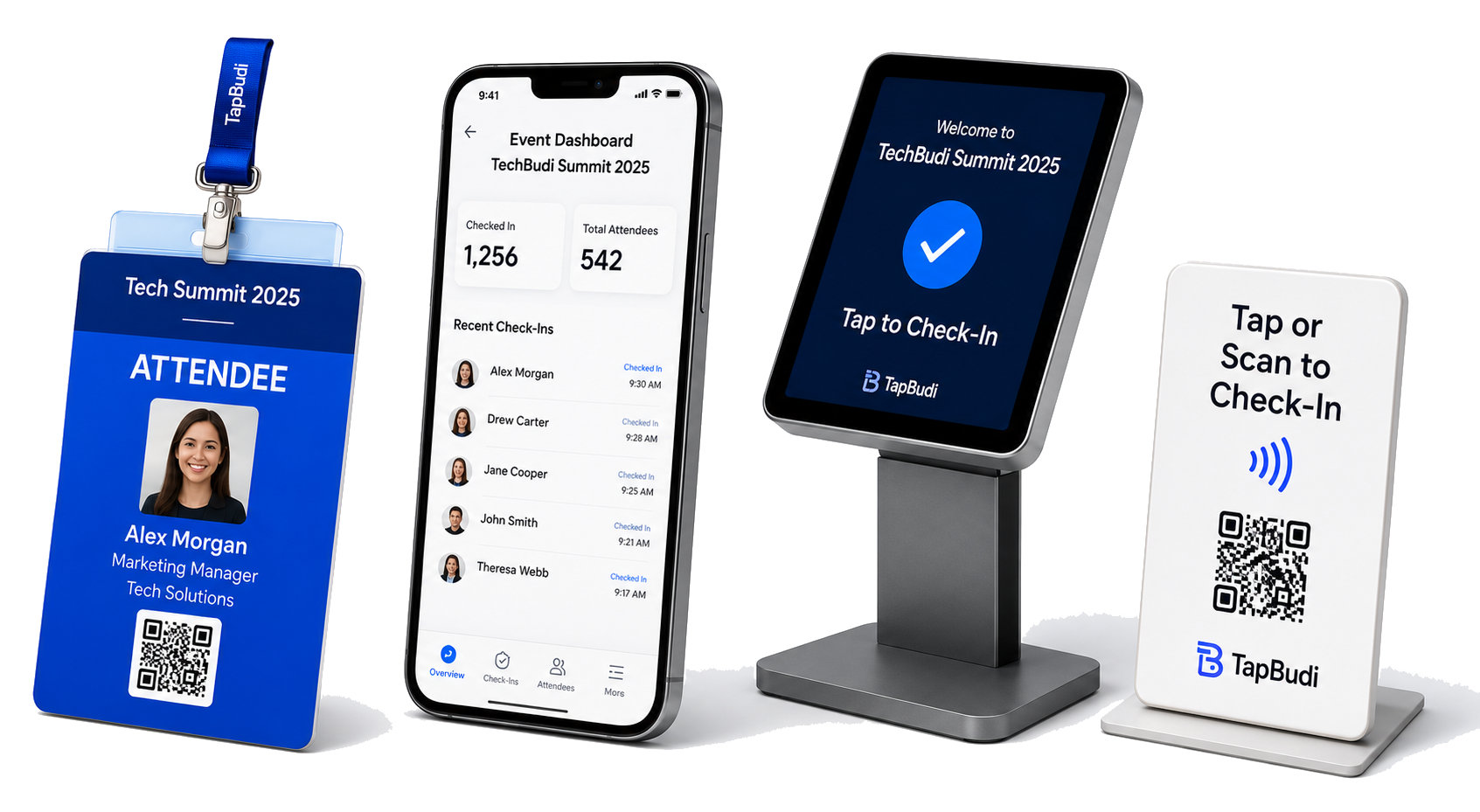 TapBudi event badge, mobile dashboard, kiosk, and QR check-in stand