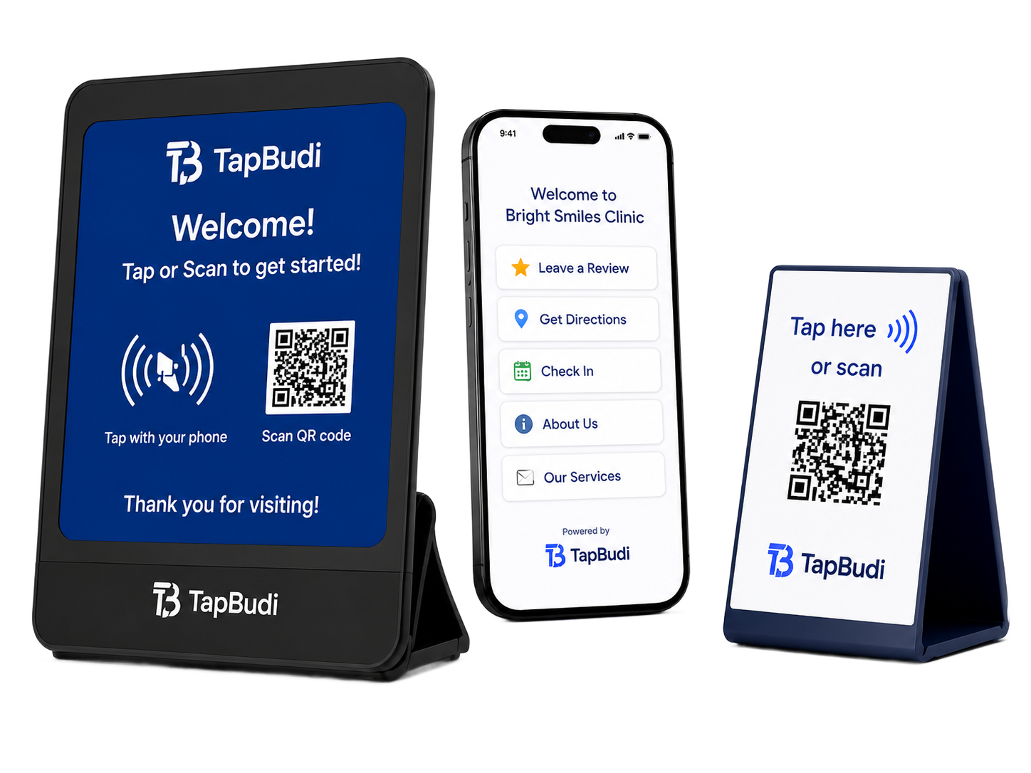 TapBudi countertop displays and mobile phone interface