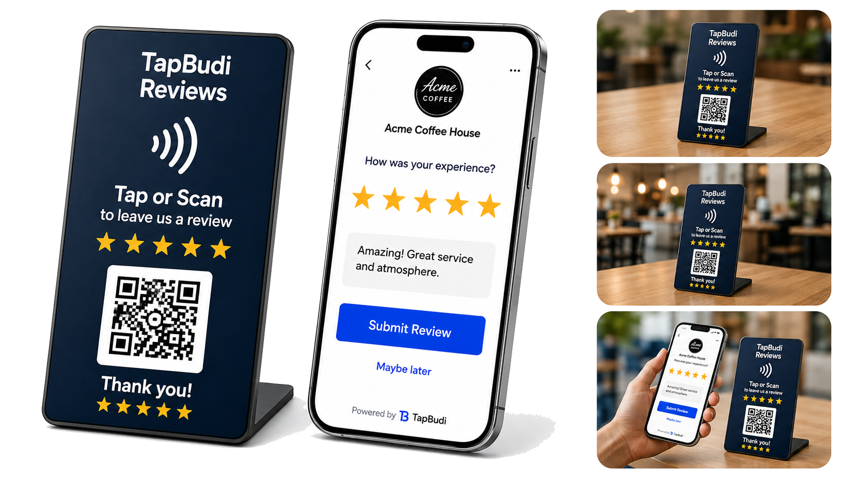 TapBudi Reviews stand and mobile review screen