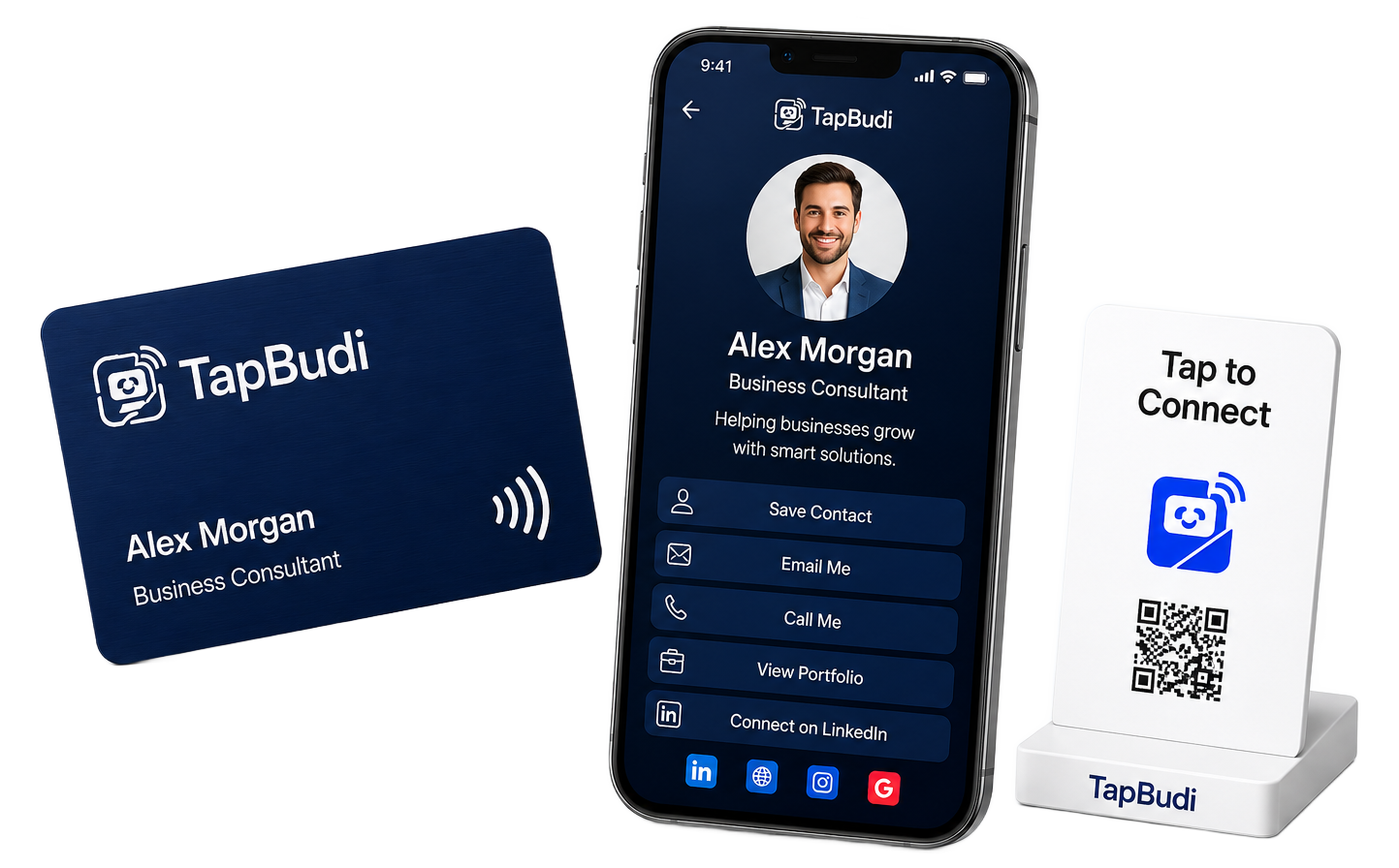 TapBudi card, mobile profile, and QR stand