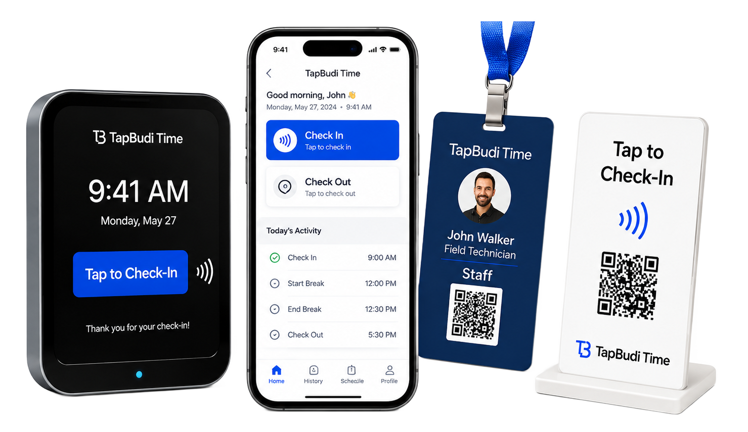 TapBudi Time device, mobile app, employee badge and QR check-in stand