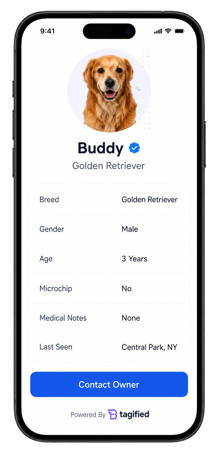 TapBudi digital pet profile displayed on a phone